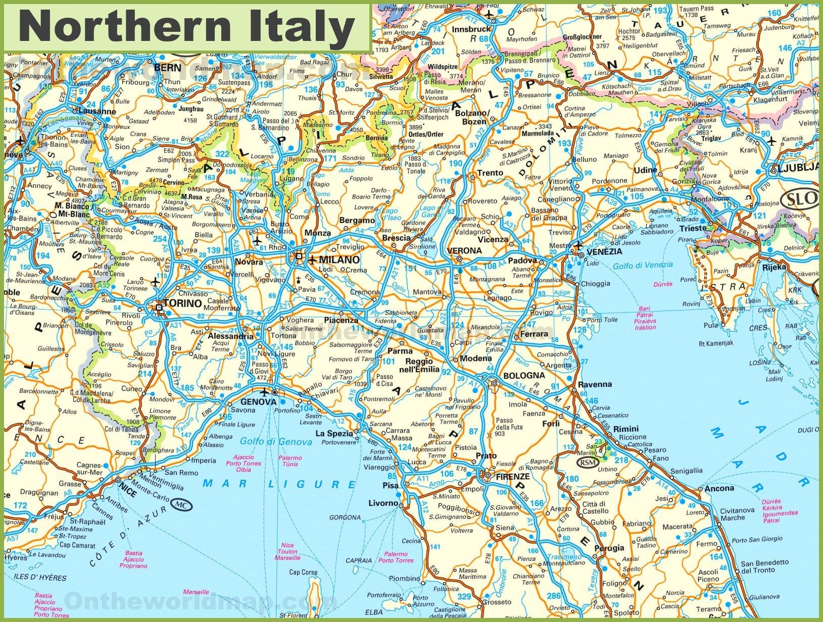 Road Map Of Northern Italy Show Me A Map Of Northern Italy Southern Europe Europe 