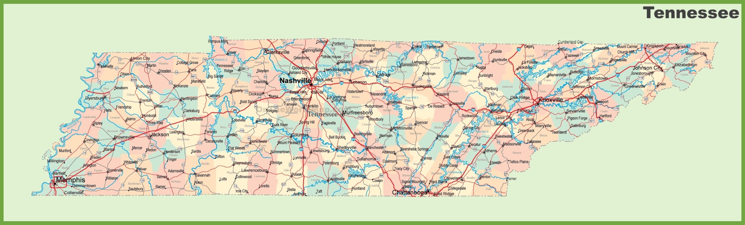 Road Map Of Tennessee With Cities Ontheworldmap