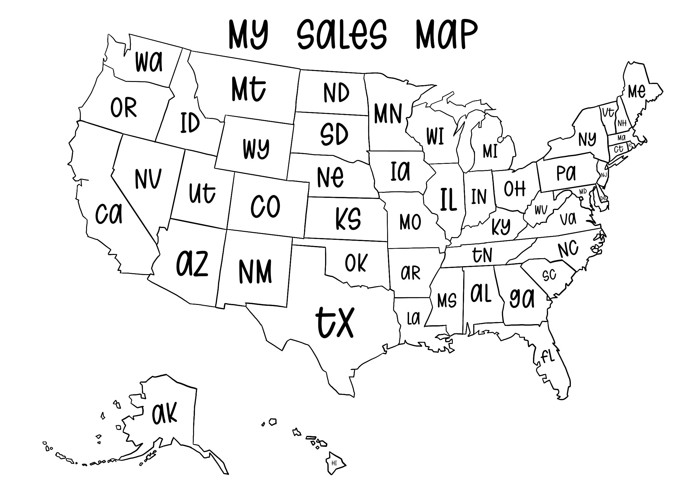 Sales Map Of United States With Abbreviations Digital Download Etsy