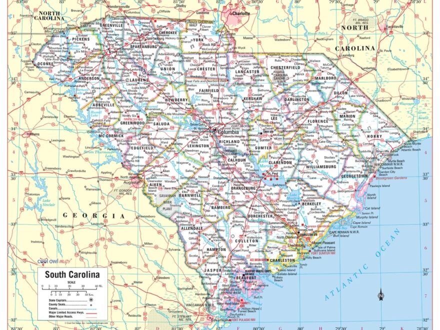 South Carolina State Map Poster Large Print Counties Capitals 30 x24 Etsy