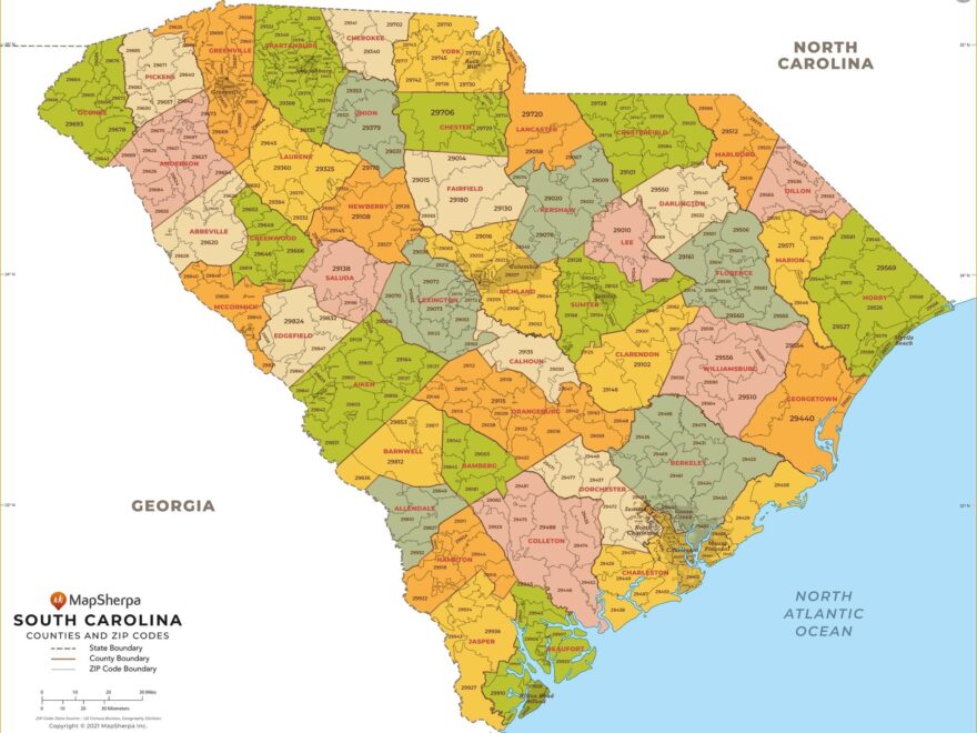 South Carolina ZIP Code Map With Counties Large Map Stanfords