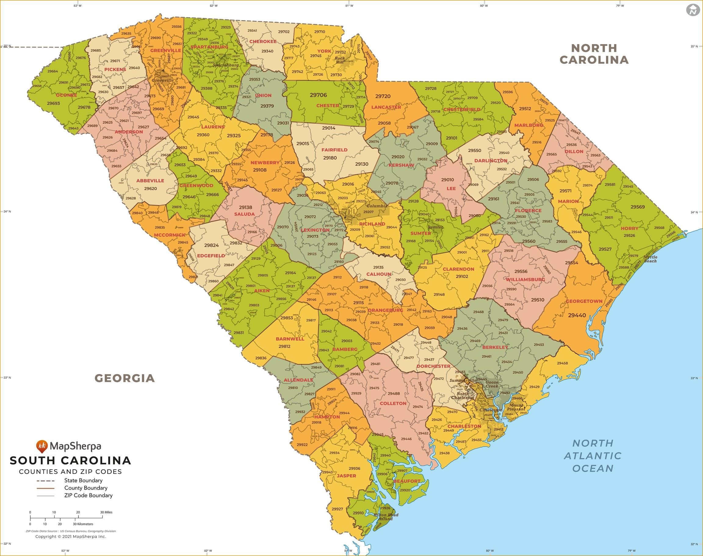 South Carolina ZIP Code Map With Counties Large Map Stanfords