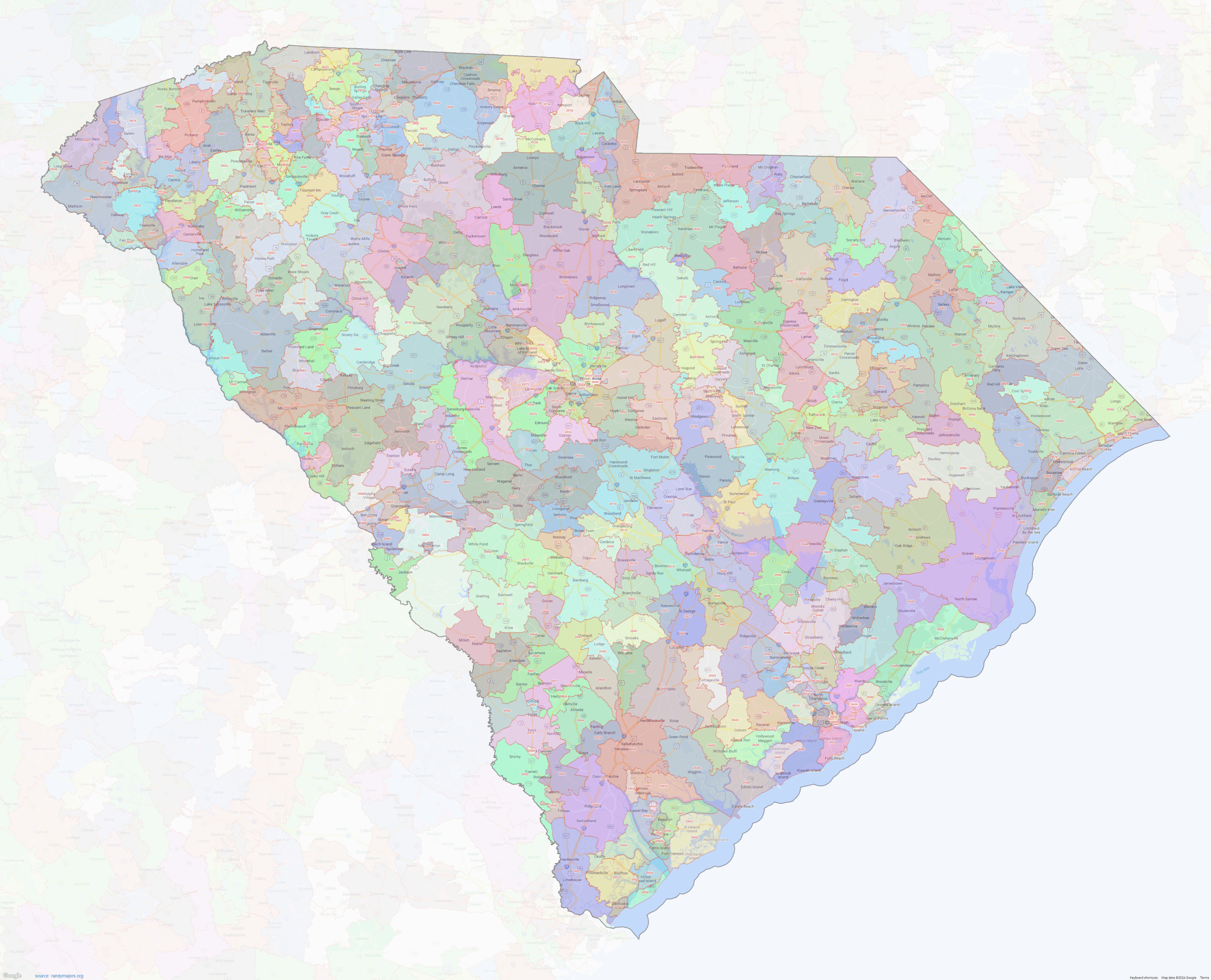 South Carolina ZIP Codes Shown On Google Maps