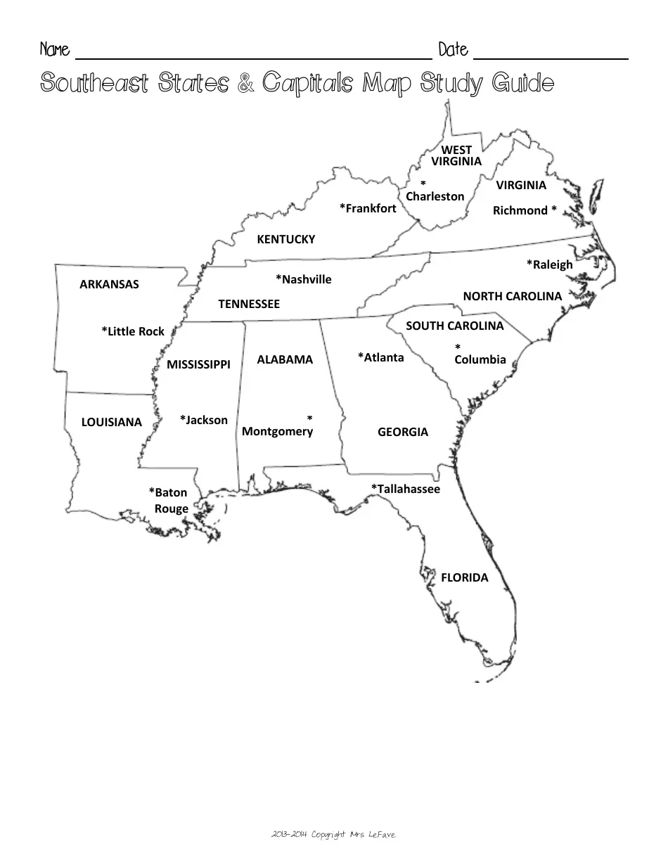 Free Printable Southeast Region Map