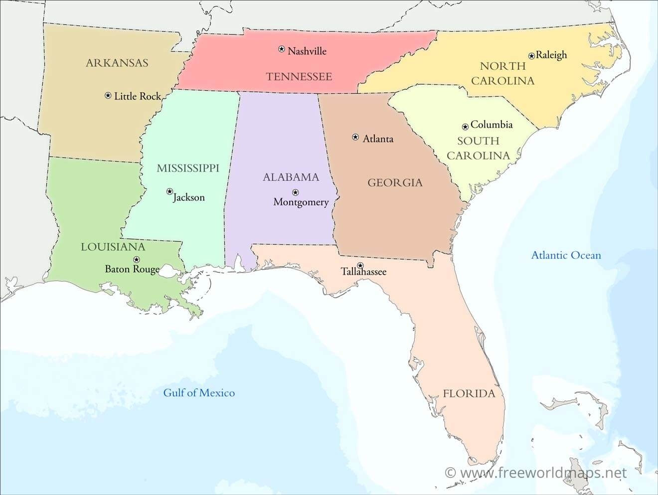 Free Printable Blank Southeast Region Map