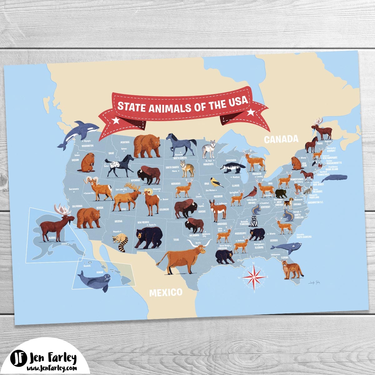 State Animals Of The USA Map Print Blue Version Jennifer Farley Picture Books Illustration Maps Design
