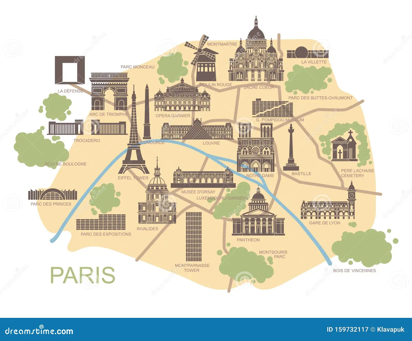 Stylized Map Of Paris With The Main Tourist Attractions Stock Vector Illustration Of Cathedral Park 159732117