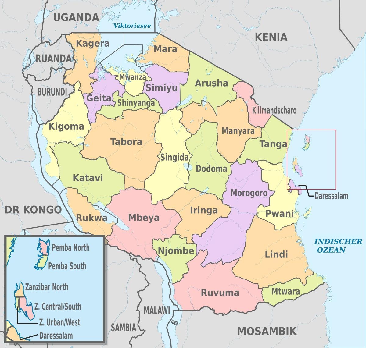 Tanzania Regions Map Tanzania Map With New Regions Eastern Africa Africa 