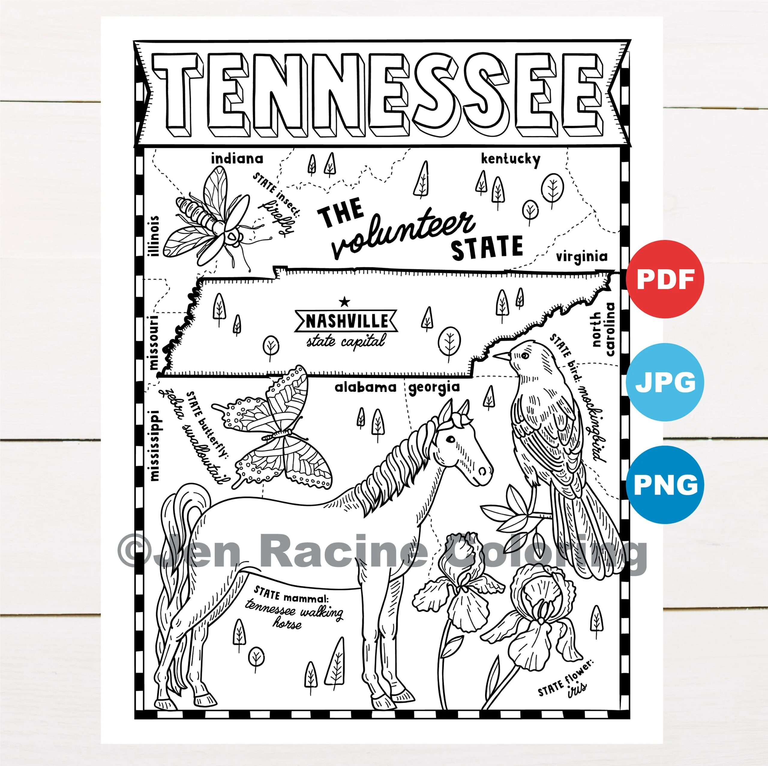 Tennessee Coloring Page United States State Map Wildlife State Symbols Flowers Coloring Pages Etsy