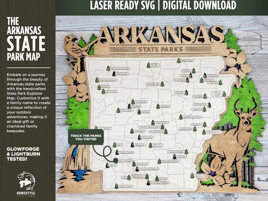 The Arkansas State Park Map Custom And Non Customizable Options SVG PDF File Download Tested In Lightburn And Glowforge Xtool Etsy