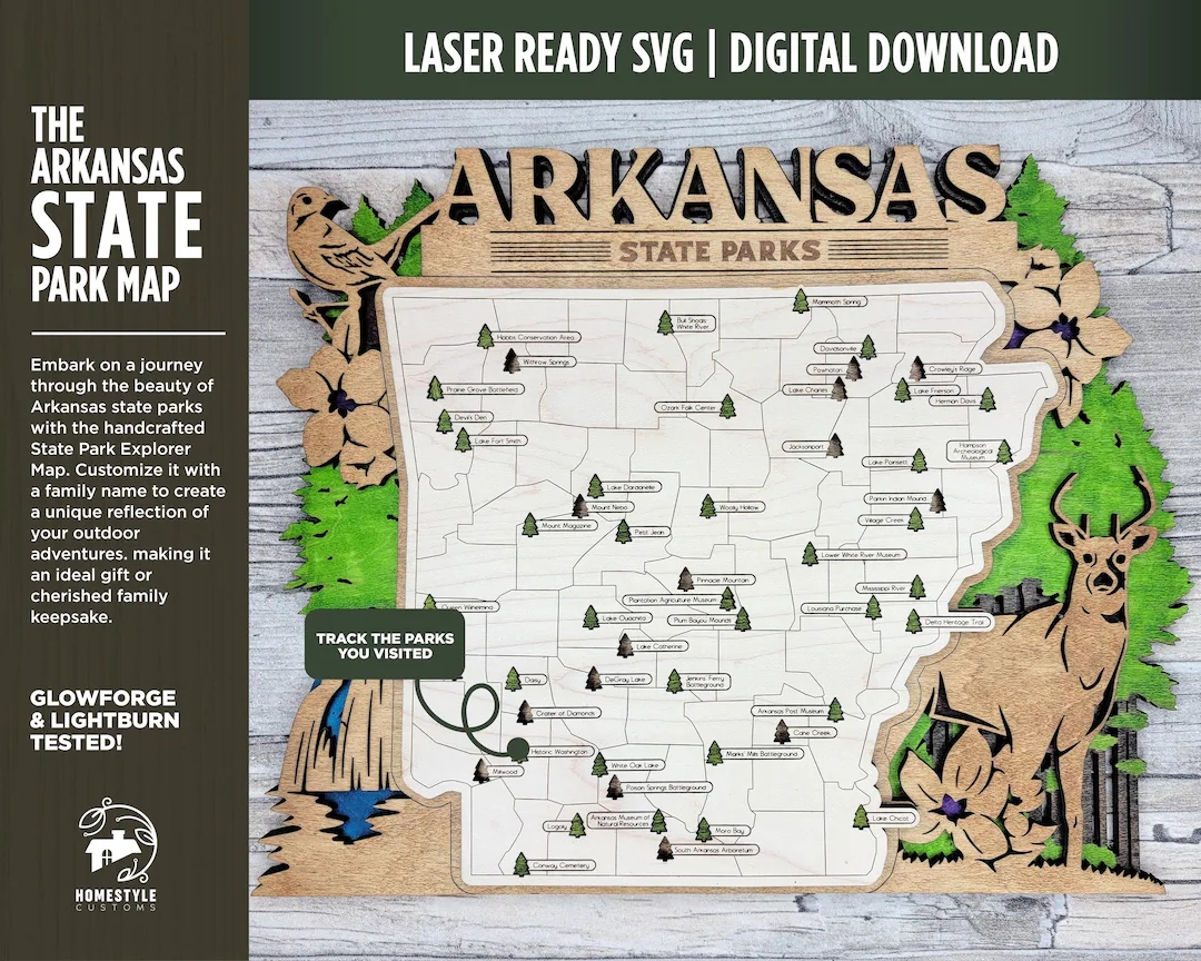 The Arkansas State Park Map Custom And Non Customizable Options SVG PDF File Download Tested In Lightburn And Glowforge Xtool Etsy