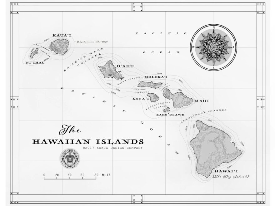 The Hawaiian Islands 11 X 14 black White Map Print Etsy