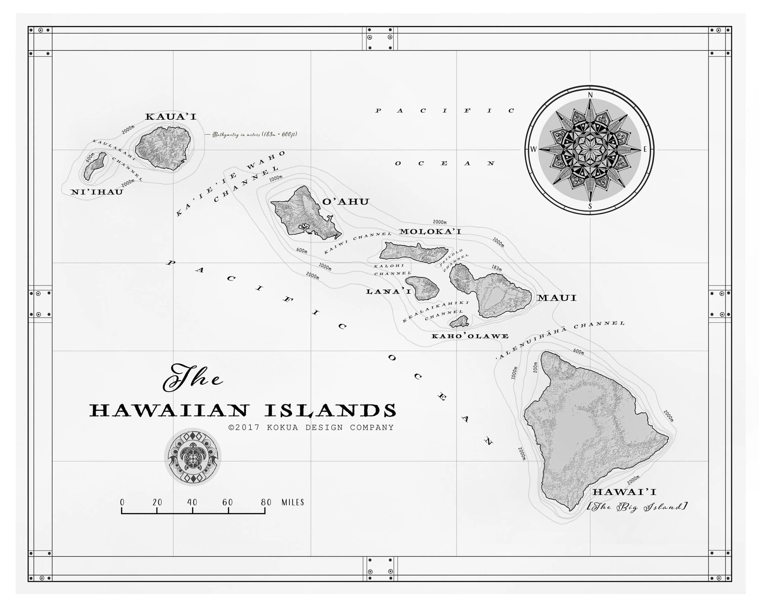 The Hawaiian Islands 11 X 14 black White Map Print Etsy