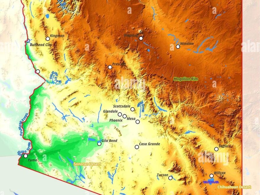 The Physical Map Of Arizona Showcases A Stunning Desert Landscape Marked By Vast Expanses Of Arid Plains Deep Canyons And Towering Mountain Ranges Stock Photo Alamy