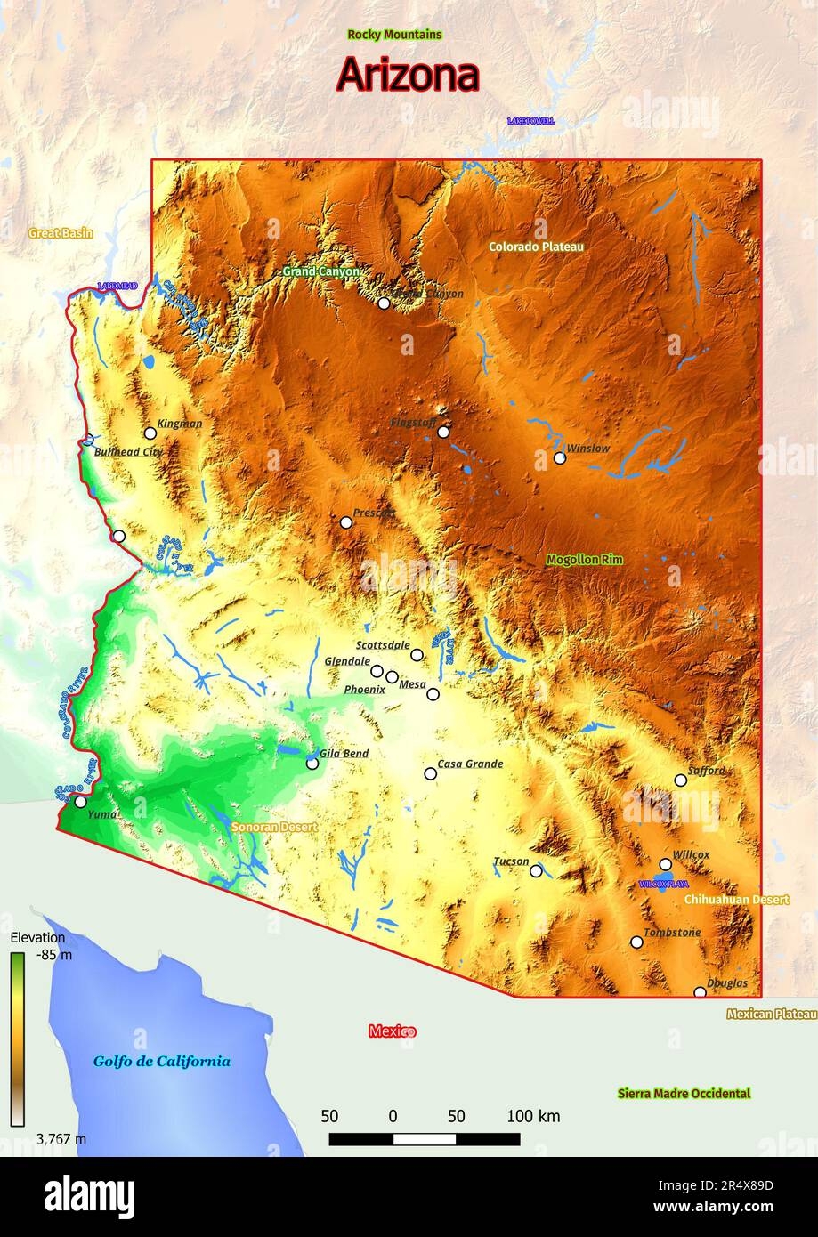 The Physical Map Of Arizona Showcases A Stunning Desert Landscape Marked By Vast Expanses Of Arid Plains Deep Canyons And Towering Mountain Ranges Stock Photo Alamy
