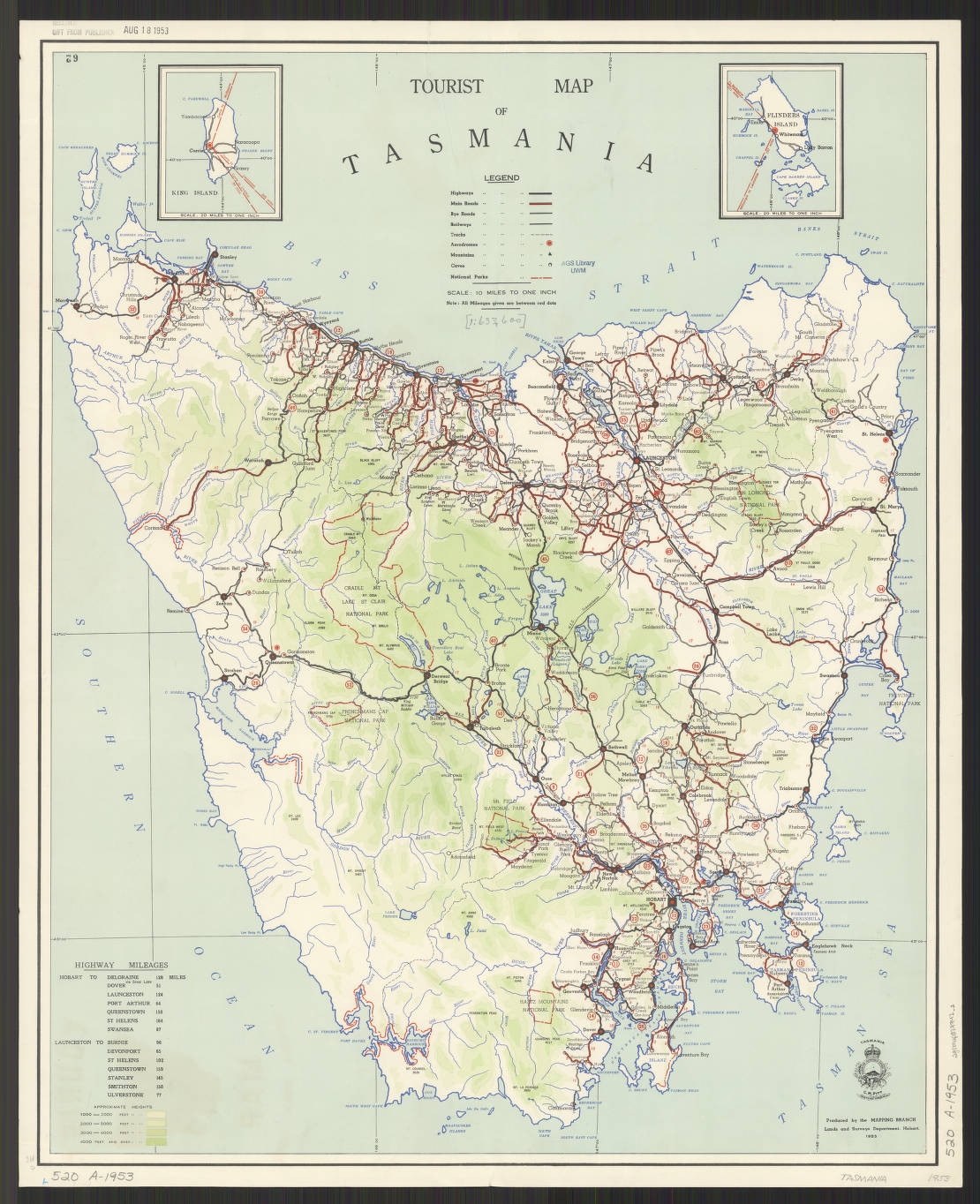 Tourist Map Of Tasmania Produced By The Mapping Branch Lands And Surveys Department American Geographical Society Library Digital Map Collection UWM Libraries Digital Collections