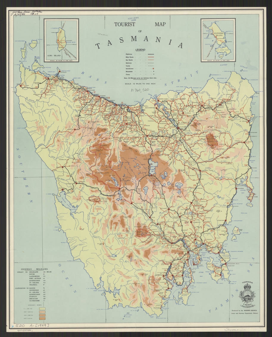 Tourist Map Of Tasmania Produced By The Mapping Branch Lands And Surveys Department Hobart American Geographical Society Library Digital Map Collection UWM Libraries Digital Collections