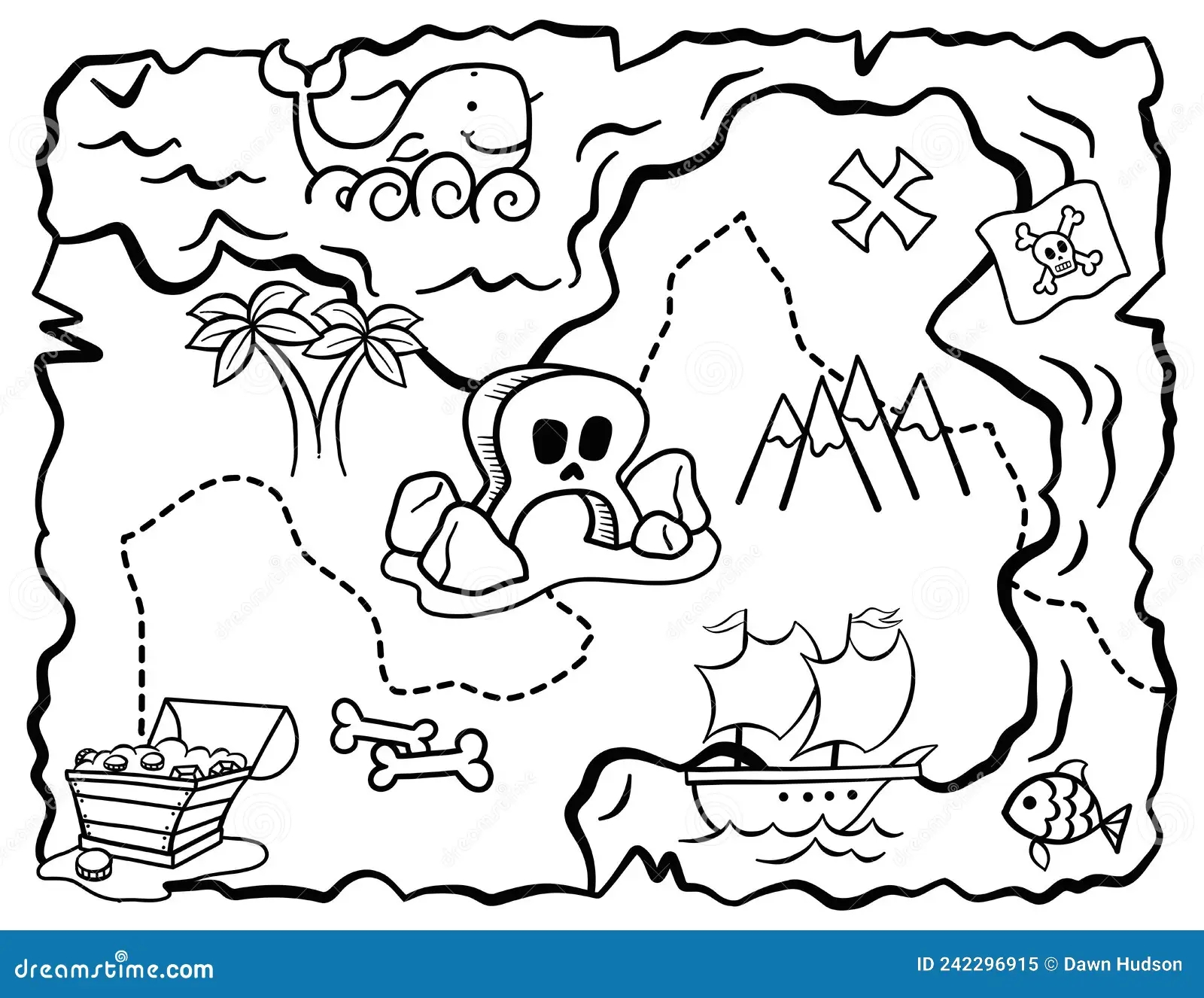 Treasure Map Pirate Adventure Coloring Page Stock Vector Illustration Of Bones Discovery 242296915