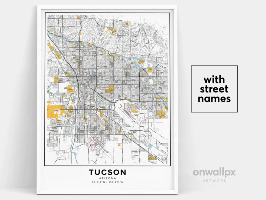 Tucson Map Print Street Names Tucson Print Printable Map Of Tucson City Map Art Tucson Arizona Map Art Travel Gift Poster Etsy
