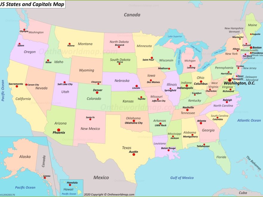 U S States And Capitals Map Ontheworldmap