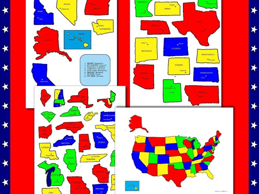 U S States Map Printable Jigsaw Puzzle States Capitals Practice Geography Map Skills Etsy