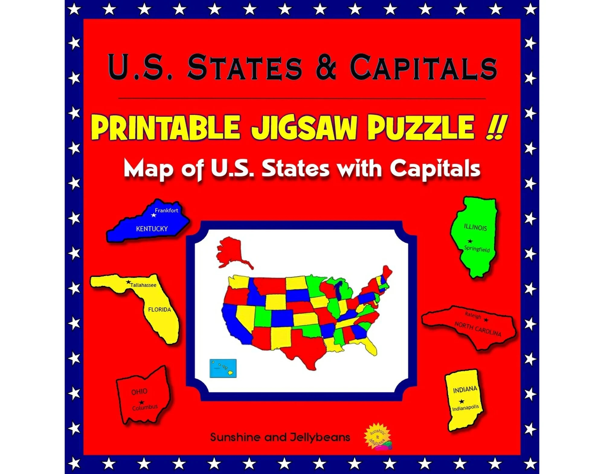 U S States Map Printable Jigsaw Puzzle States Capitals Practice Geography Map Skills Etsy
