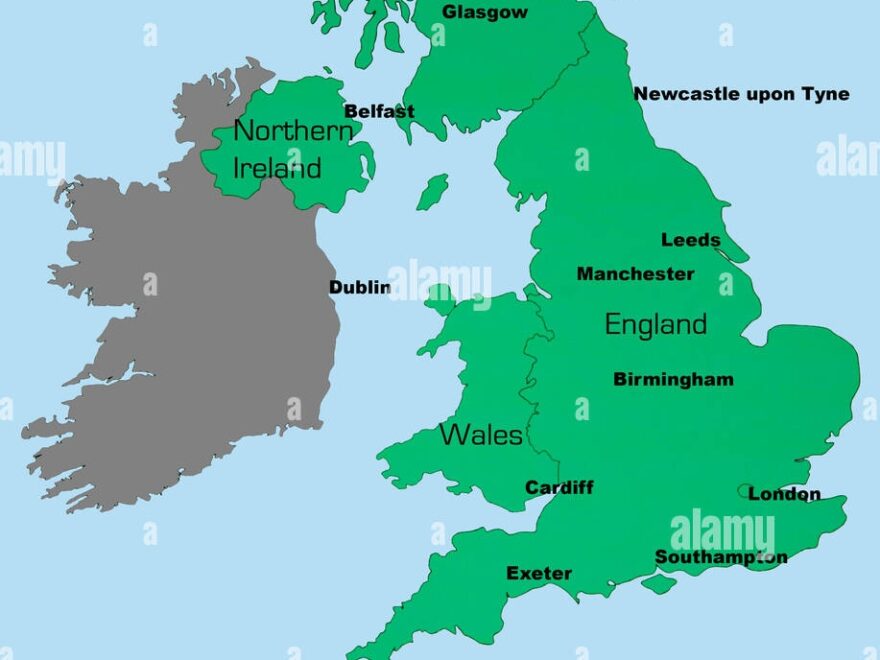 UK Map Outline Showing England Scotland Wales And Northern Ireland With Major Cities Stock Photo Alamy