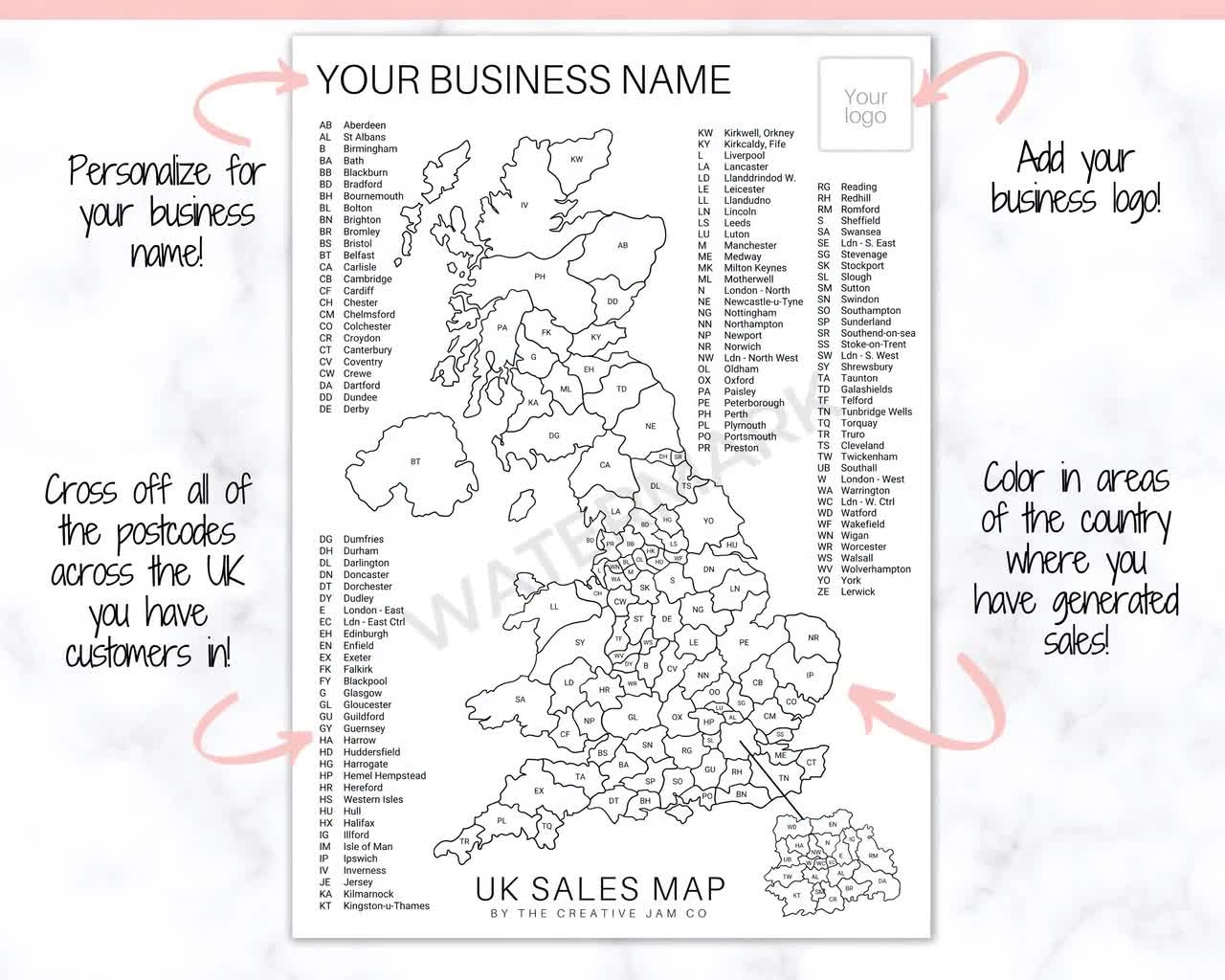 UK Sales Map Business Postcode Sales Map Colour In Map Etsy Sales Tracker Post Code Printable Map For Sales Colouring Sheet Colour In Etsy