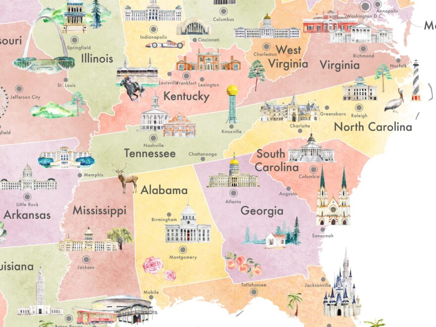 United States Educational Illustrated Map Art Print Worksheets Library