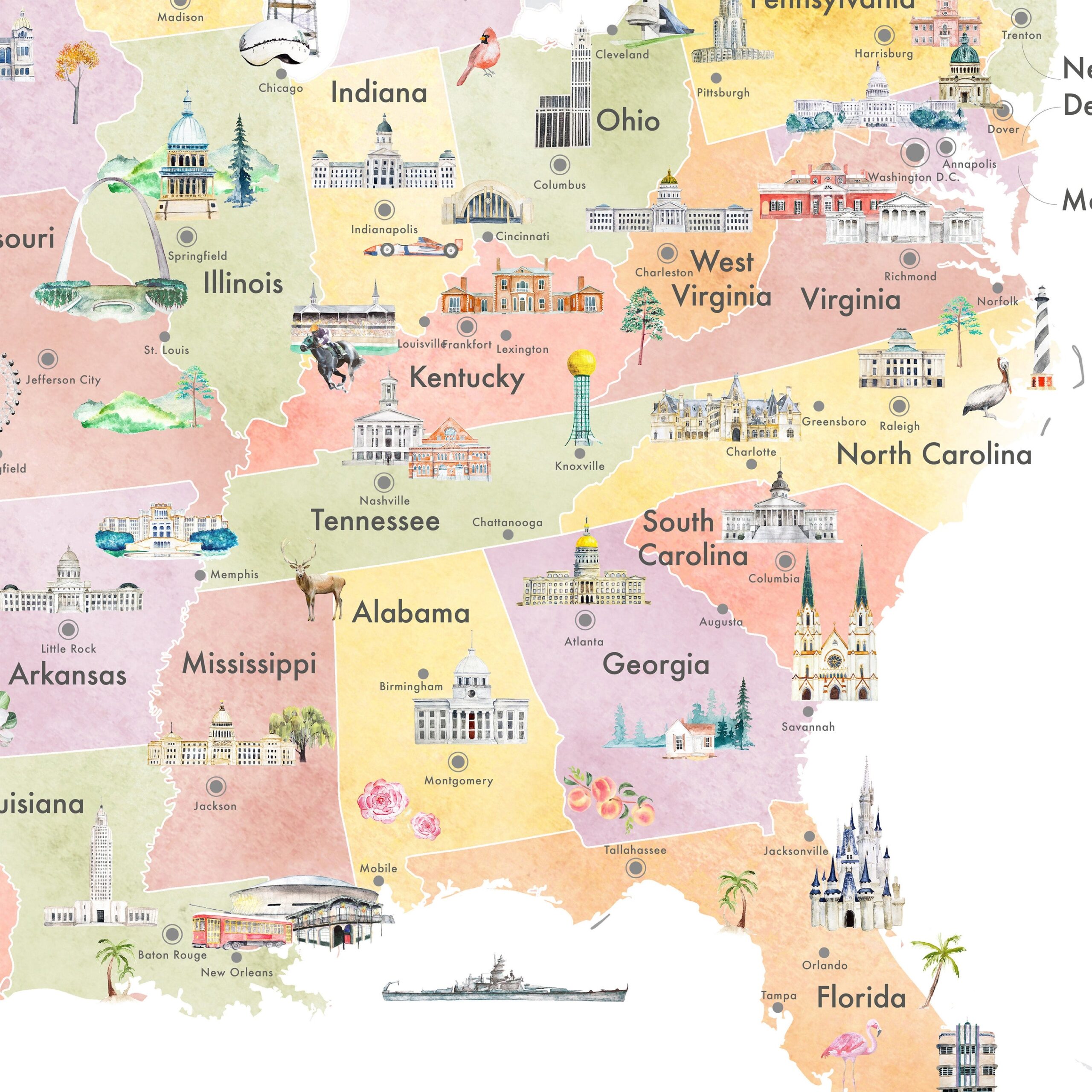 United States Educational Illustrated Map Art Print Worksheets Library