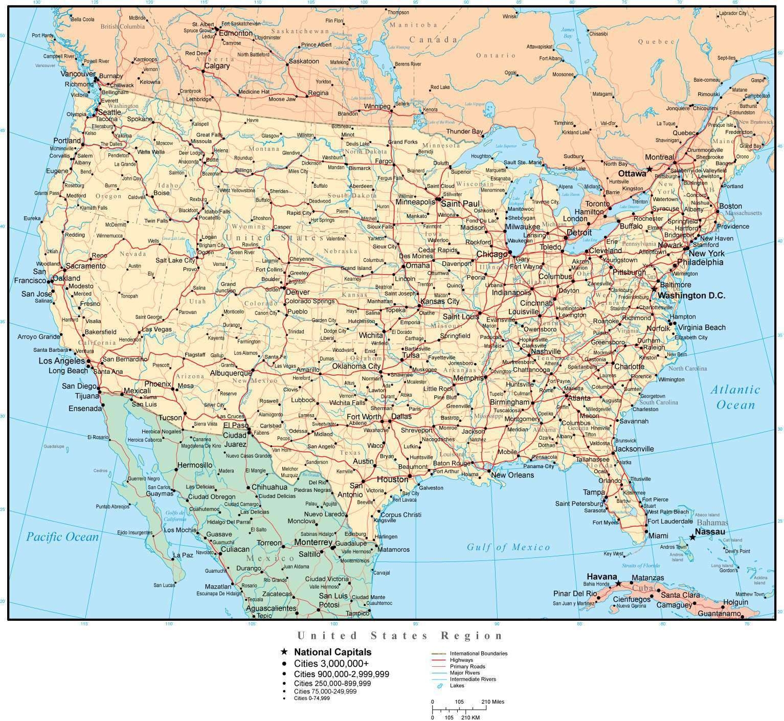 United States Map With US States Capitals Major Cities Roads Worksheets Library