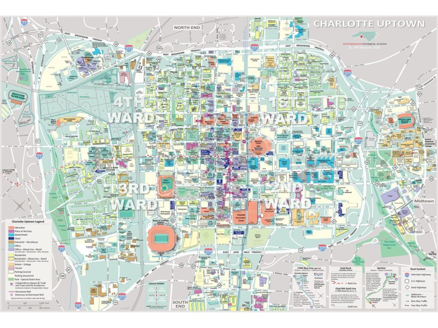 Uptown Charlotte NC Wall Map The Map Shop