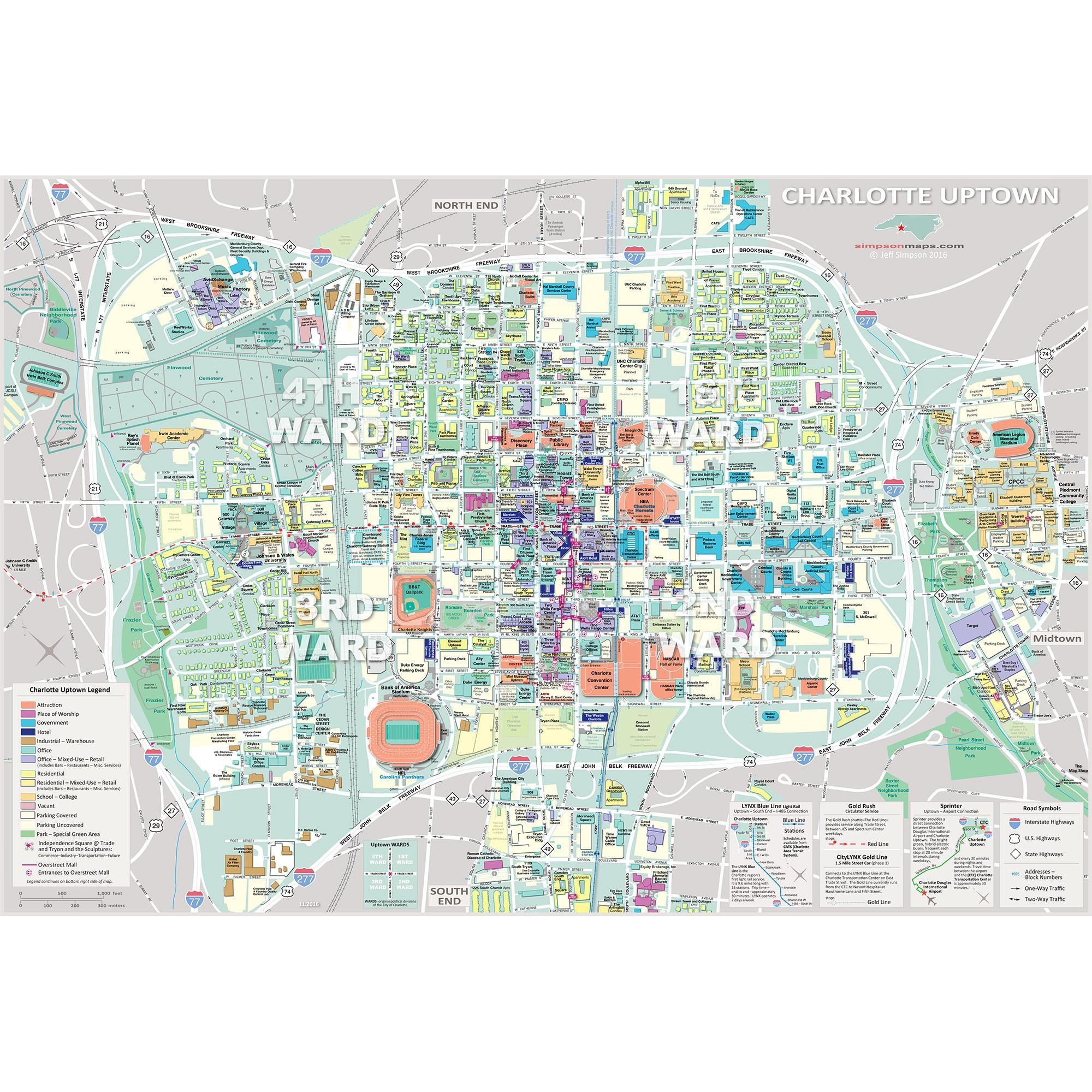 Uptown Charlotte NC Wall Map The Map Shop