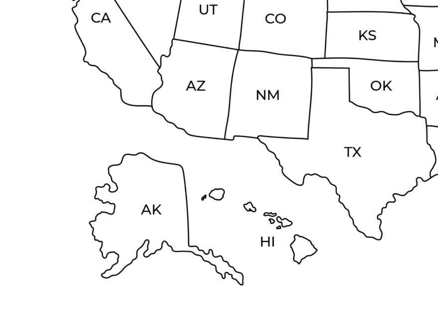 US Map With State Names Printable Contiguous USA Alaska Hawaii Black White Simple Etsy