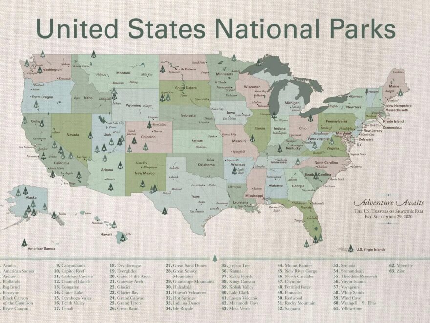 US National Parks Map Push Pin Adventure Map Cotton Canvas