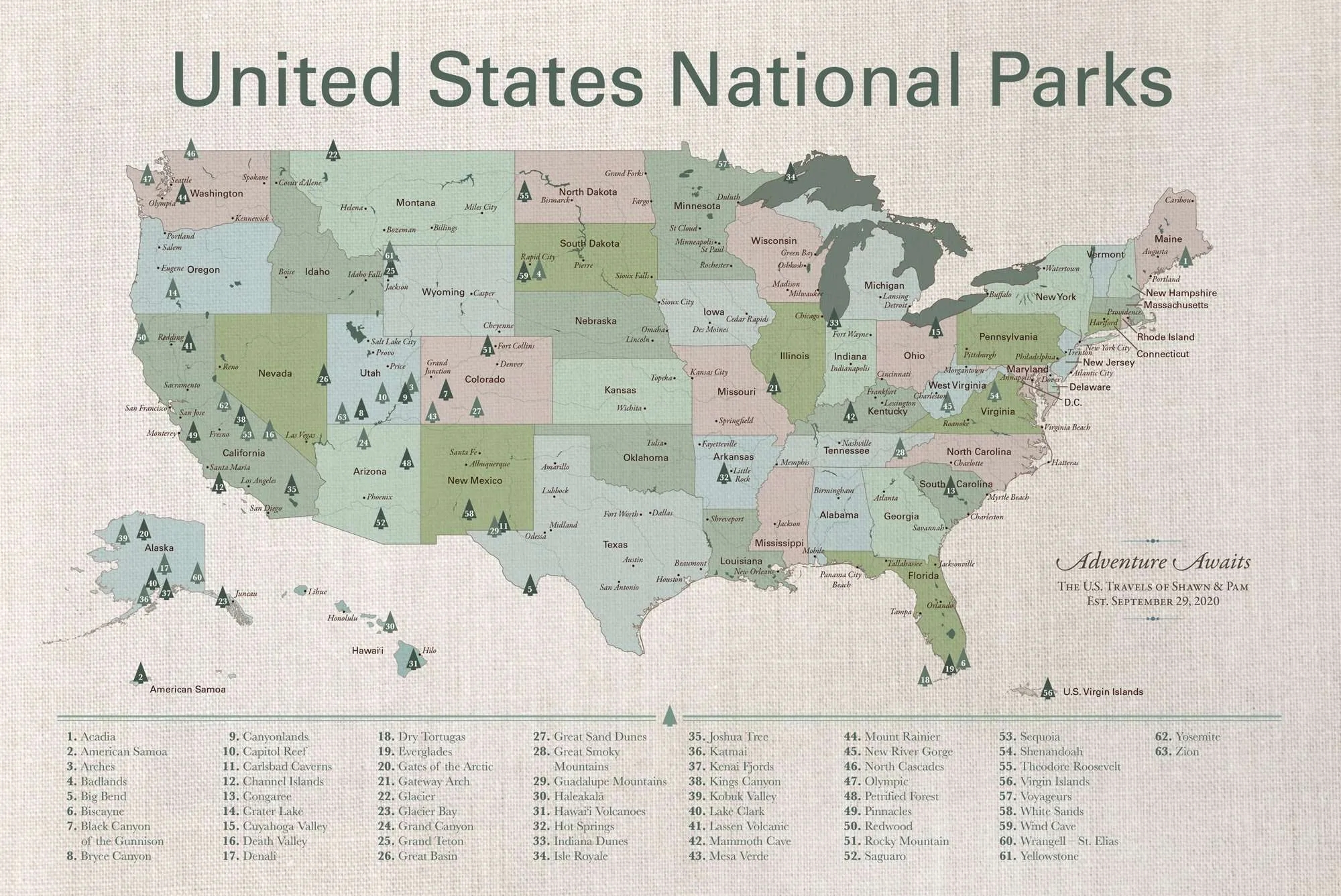 US National Parks Map Push Pin Adventure Map Cotton Canvas