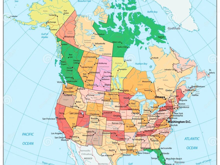 USA And Canada Large Detailed Political Map With States Provinces And Capital Cities Stock Vector Illustration Of Country Atlantic 84432397