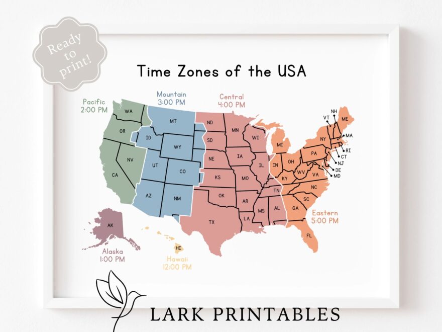 USA Time Zones Map Educational Classroom Poster digital Download Etsy