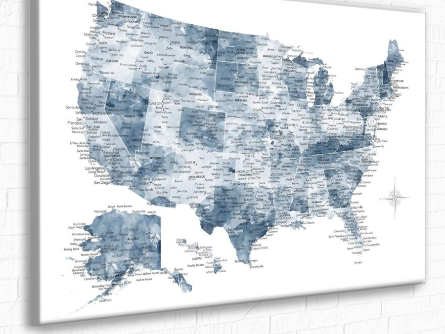 USA Travel Pin Map Print Or Canvas Push Pin Map Custom Frame Option US Pin Map Incl Personalization Detailed Cities Blue White Wall Map