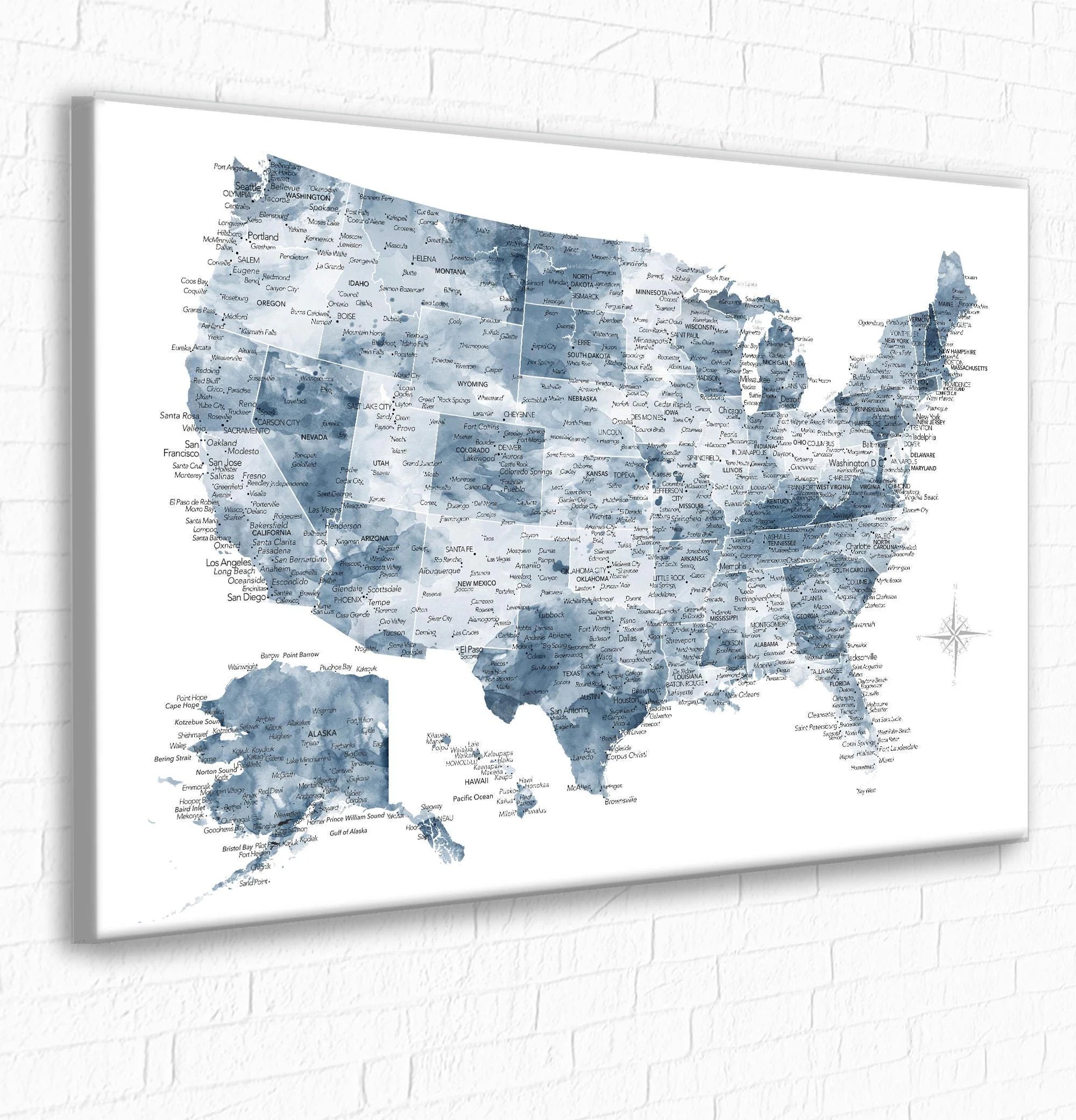USA Travel Pin Map Print Or Canvas Push Pin Map Custom Frame Option US Pin Map Incl Personalization Detailed Cities Blue White Wall Map