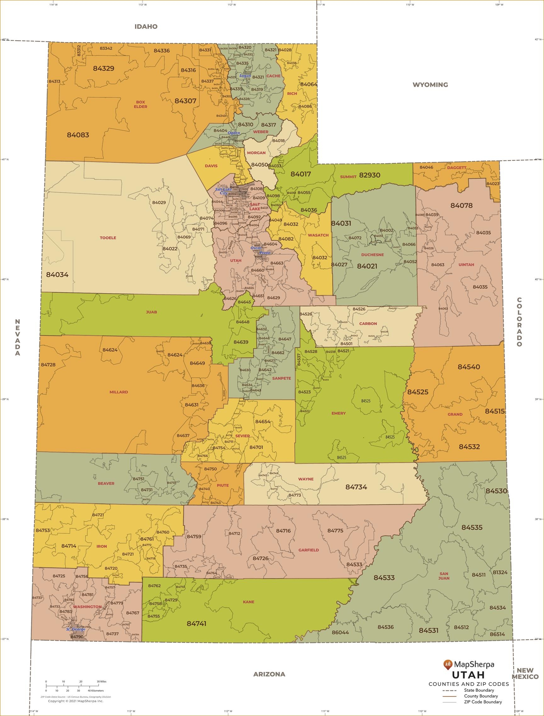 Utah ZIP Code Map With Counties By MapSherpa The Map Shop