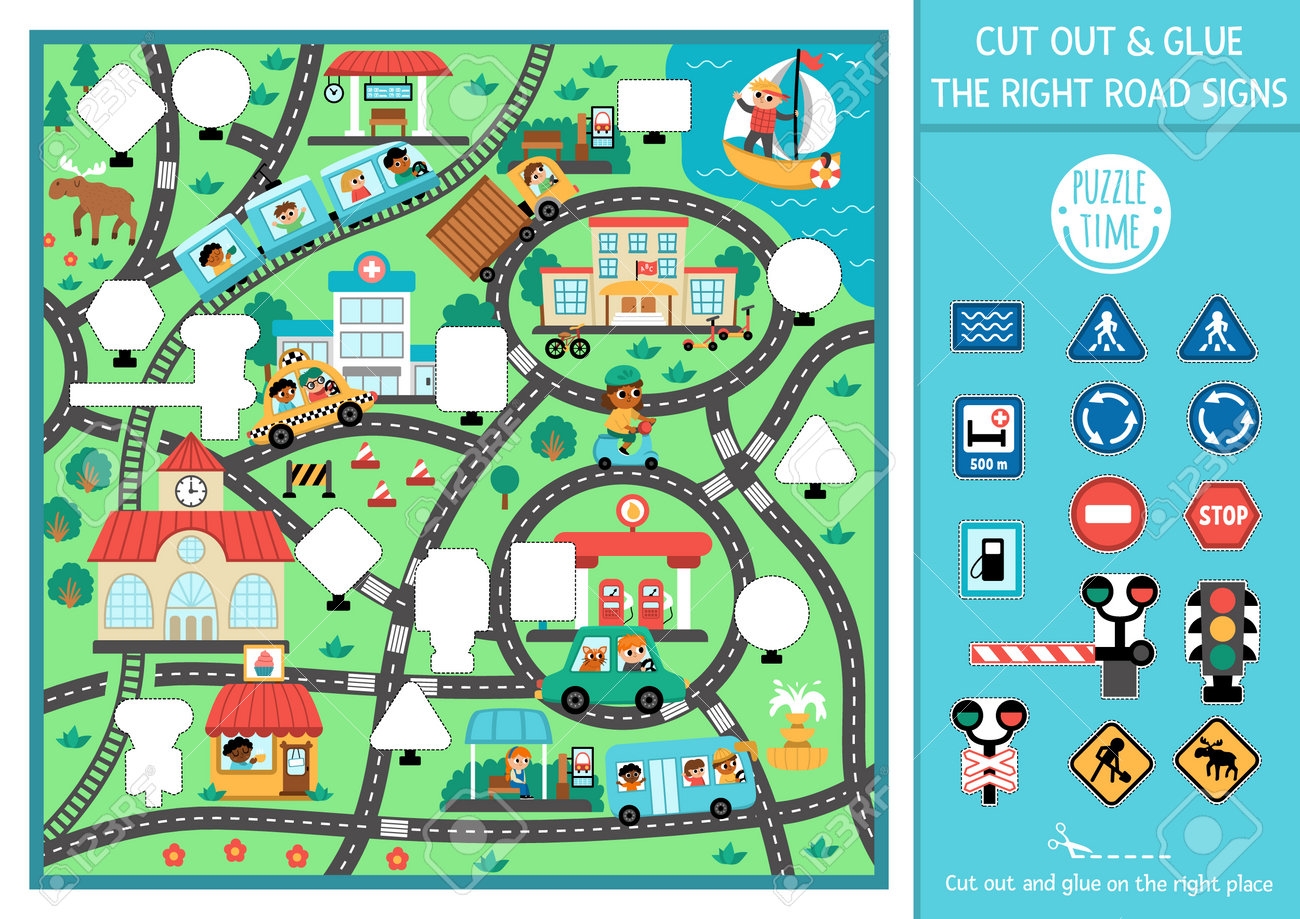 Vector Transportation Cut And Glue Activity Crafting Game With Cute City Landscape And Road Signs Fun Transport Printable Worksheet For Kids With Urban Map Complete The Picture With Traffic Sign Royalty Free