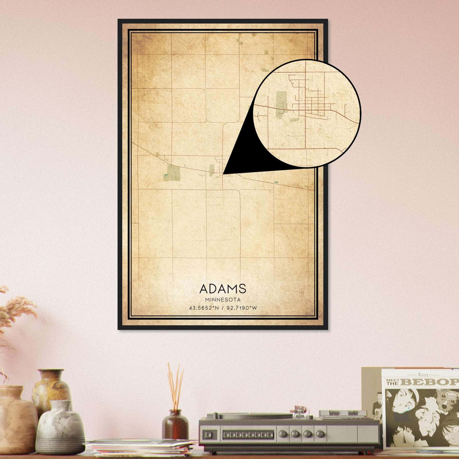 Vintage Adams Minnesota Map Poster Adams MN City Road Wall Art Print Custom Maps Posters