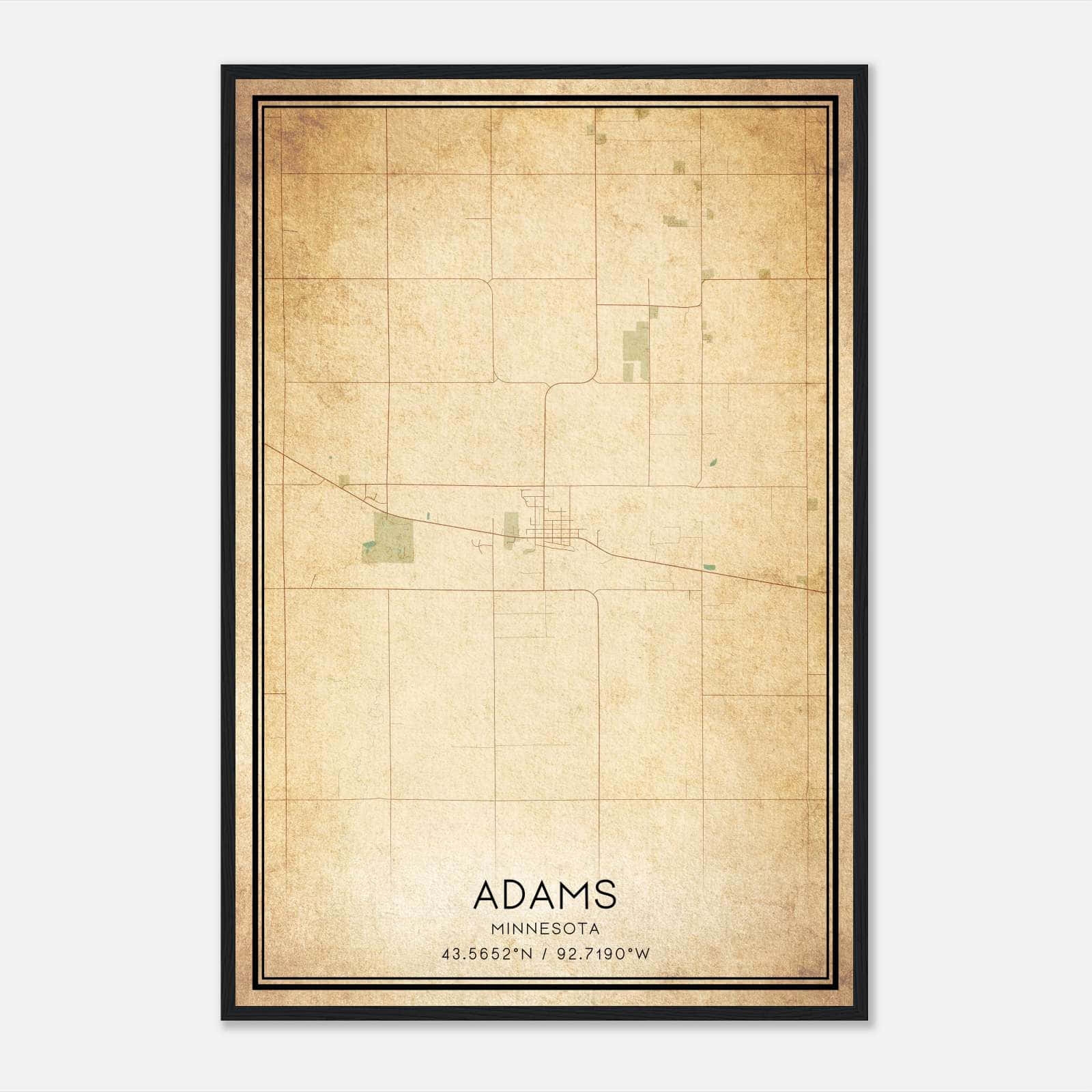 Vintage Adams Minnesota Map Poster Adams MN City Road Wall Art Print Custom Maps Posters
