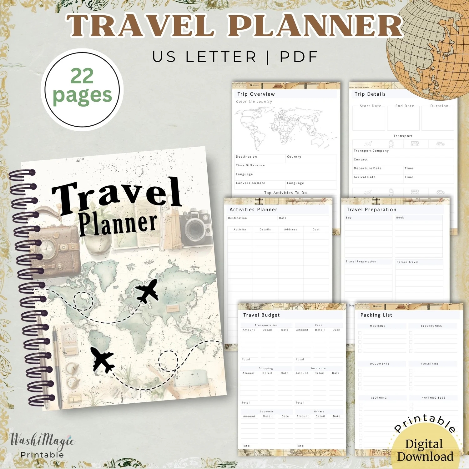 Vintage Map Travel Planner Printable Solo Travel Checklist Payhip