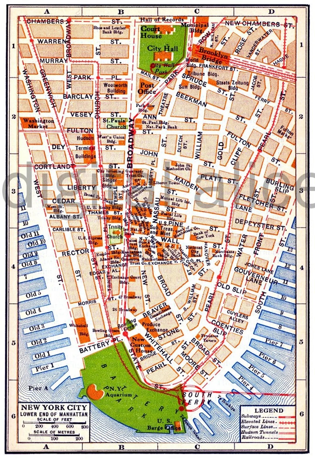Vintage NYC MAP Old Map 1915 Lower MANHATTAN New York City Colorful Antique Map Instant Download Digital Printable Map Etsy