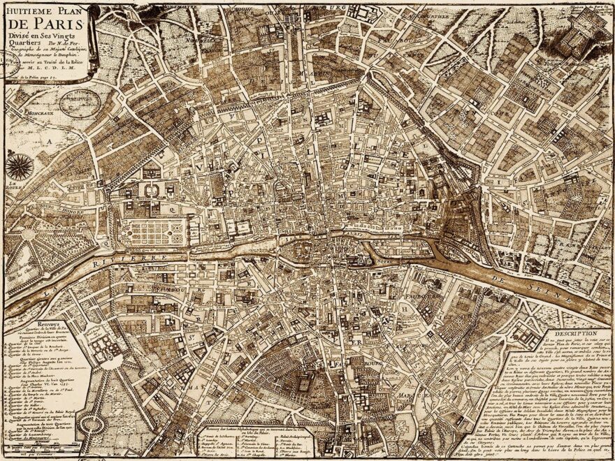 Vintage Paris Map Print 1705 Old World Map Of Paris France Street Map Fine Art Print Paper First Anniversary Gift Idea For French Lovers