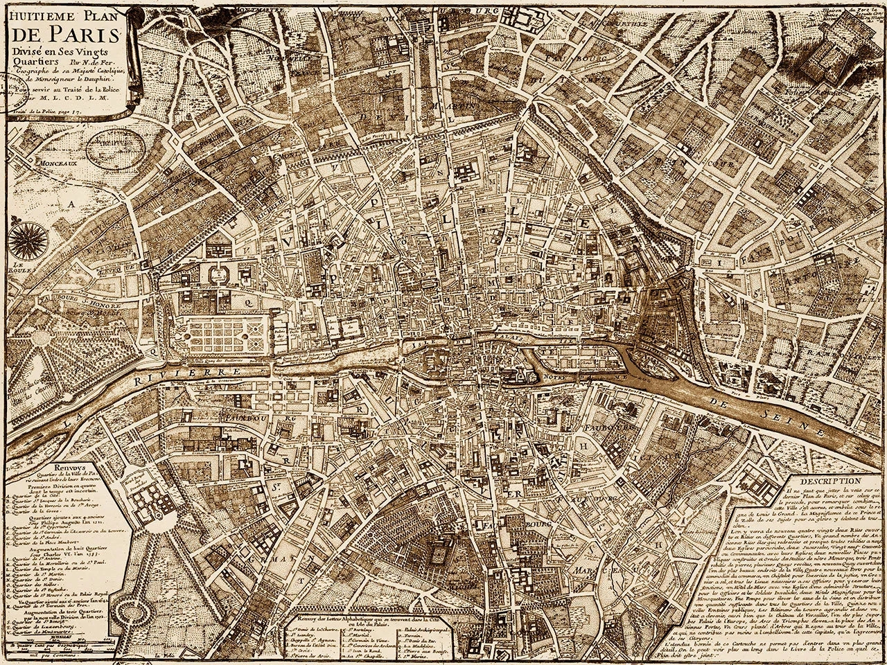 Vintage Paris Map Print 1705 Old World Map Of Paris France Street Map Fine Art Print Paper First Anniversary Gift Idea For French Lovers