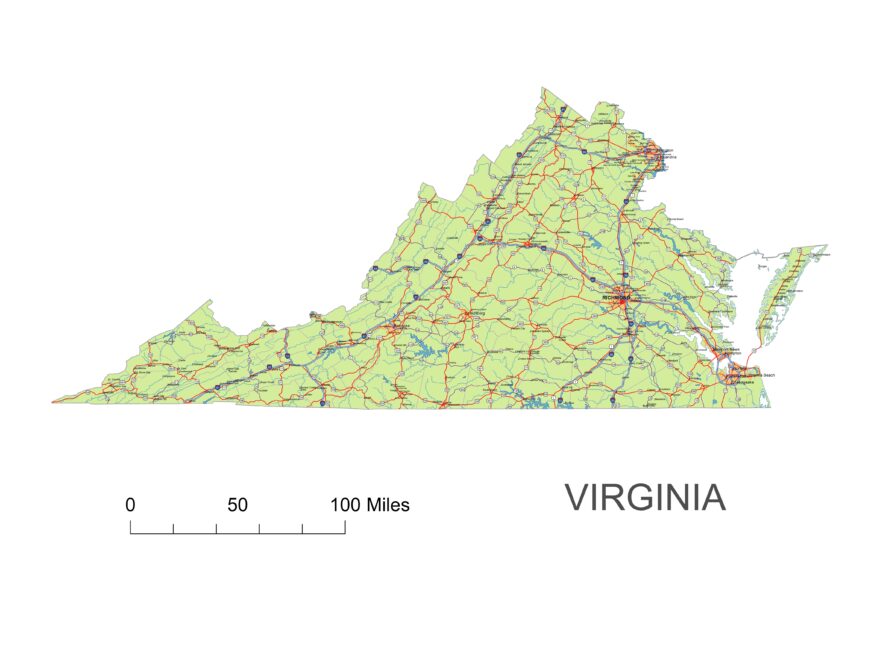 Virginia State Vector Road Map Printable Vector Maps