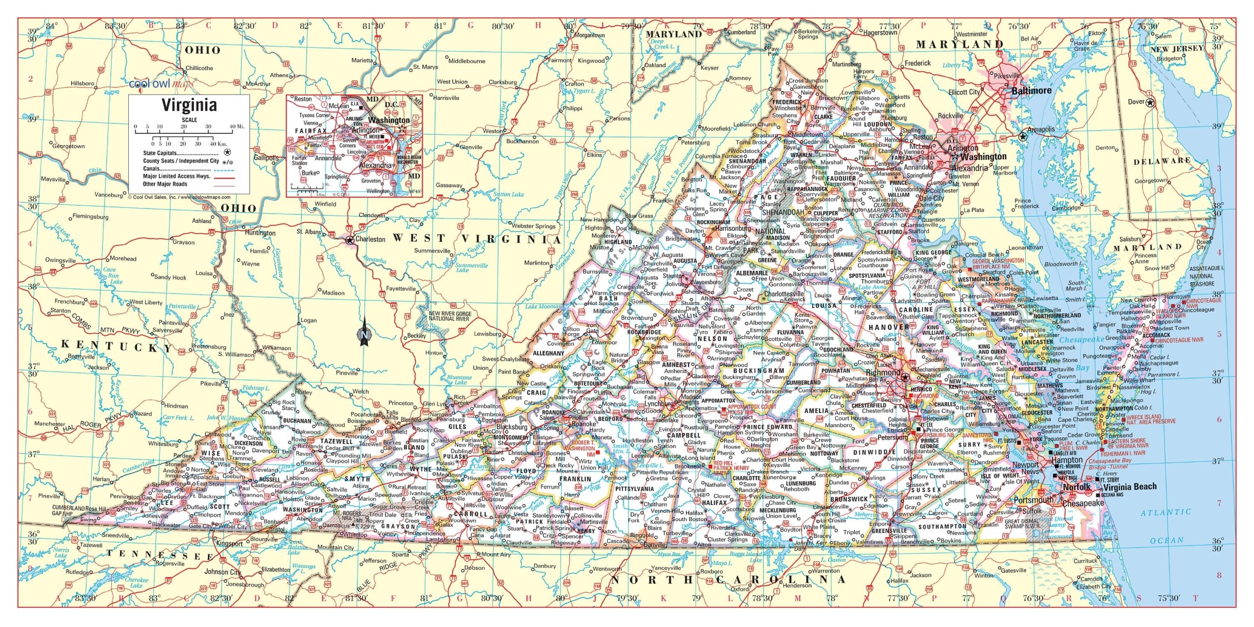 Virginia State Wall Map Large Print Poster Etsy